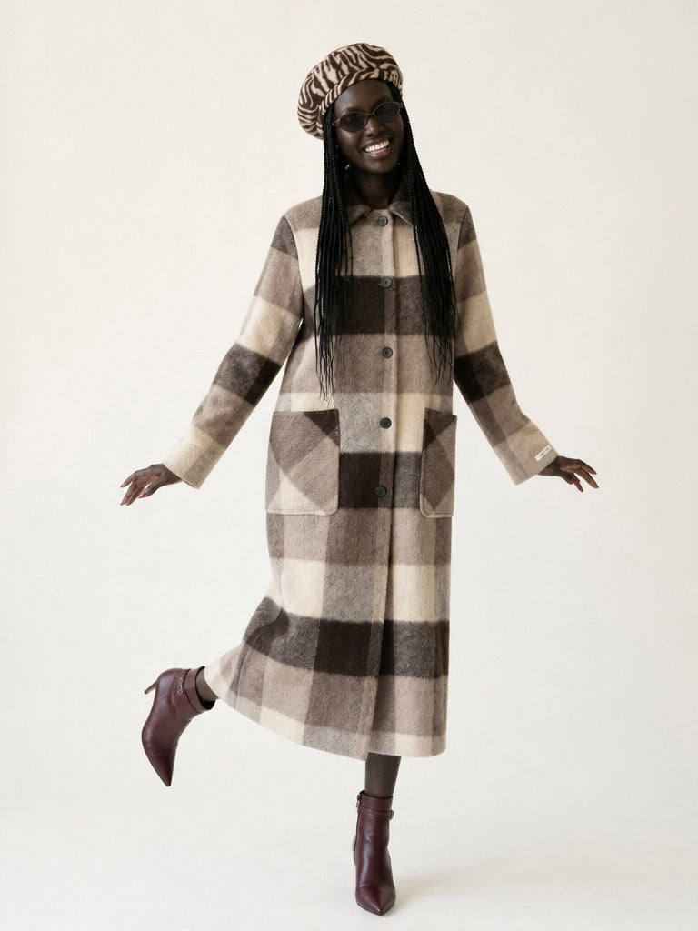 Grounded Plaid Wool Long Coat