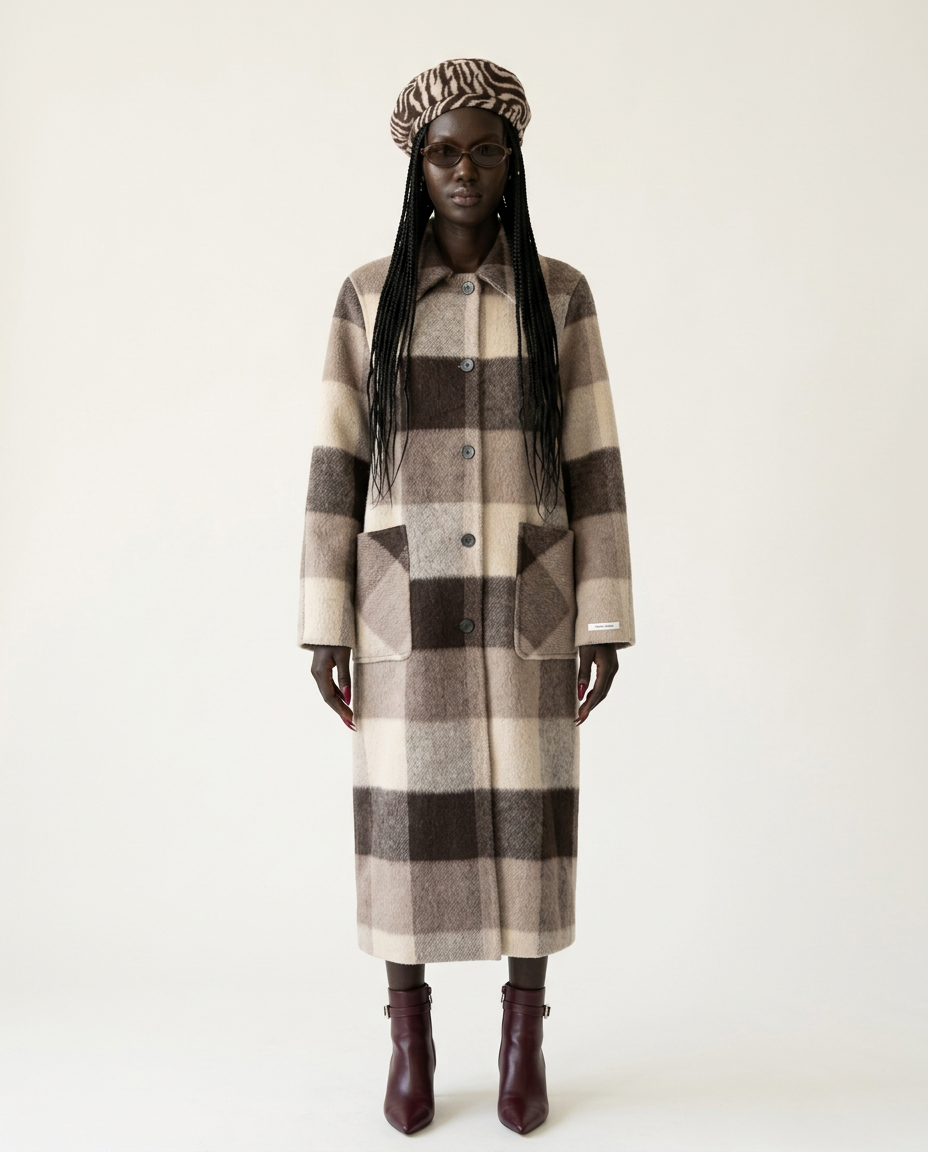 Grounded Plaid Wool Long Coat